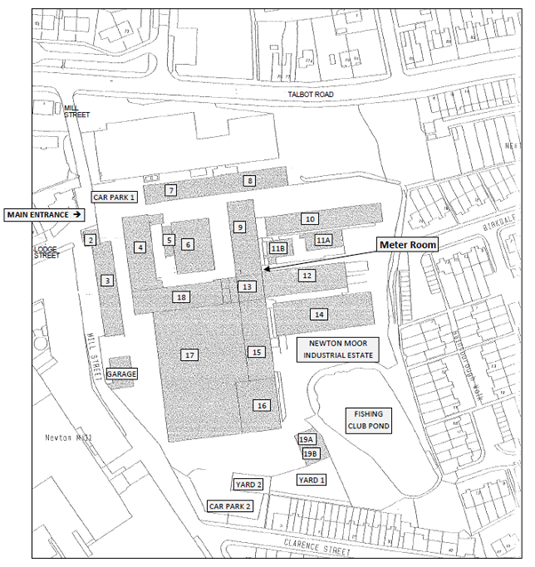 Newton Moor Industrial Estate Map overview showing a numbered layout of buildings and roads in a commercial area.
